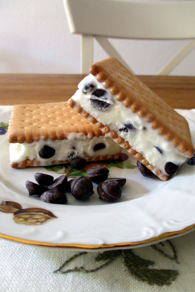 Biscotto gelato light con gocce di cioccolato in piattino