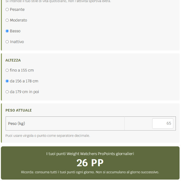 Calcolatore punti giornalieri Weight Watchers Propoints di Mangia senza Pancia