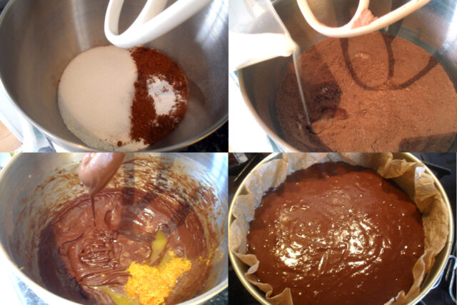 Come preparare l’impasto della torta cioccolato e arancia: polveri, latte di soia, buccia d’arancia e teglia foderata