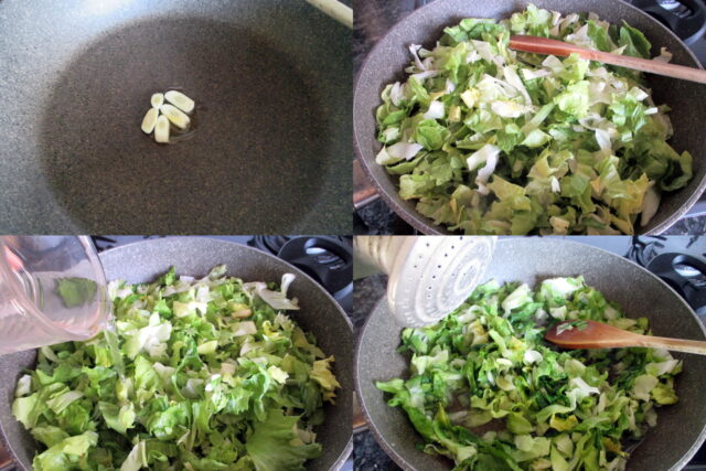 Scarola che appassisce in padella con aglio e olio