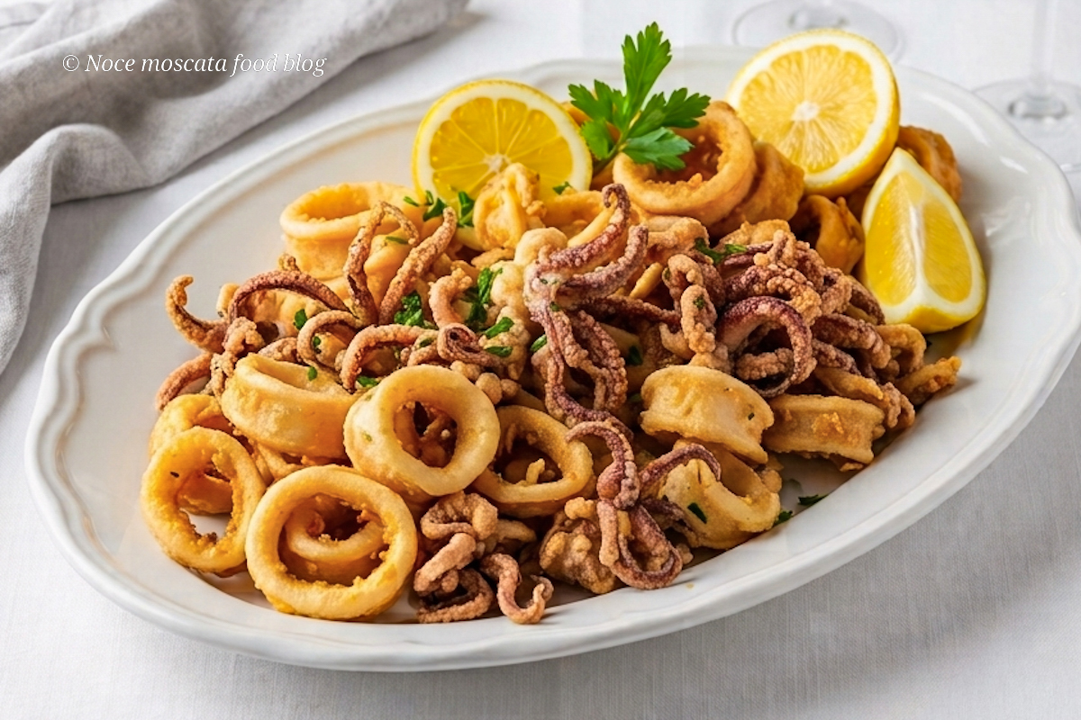 Frittura di calamari asciutta e croccante servita su vassoio con fette di limone e prezzemolo.