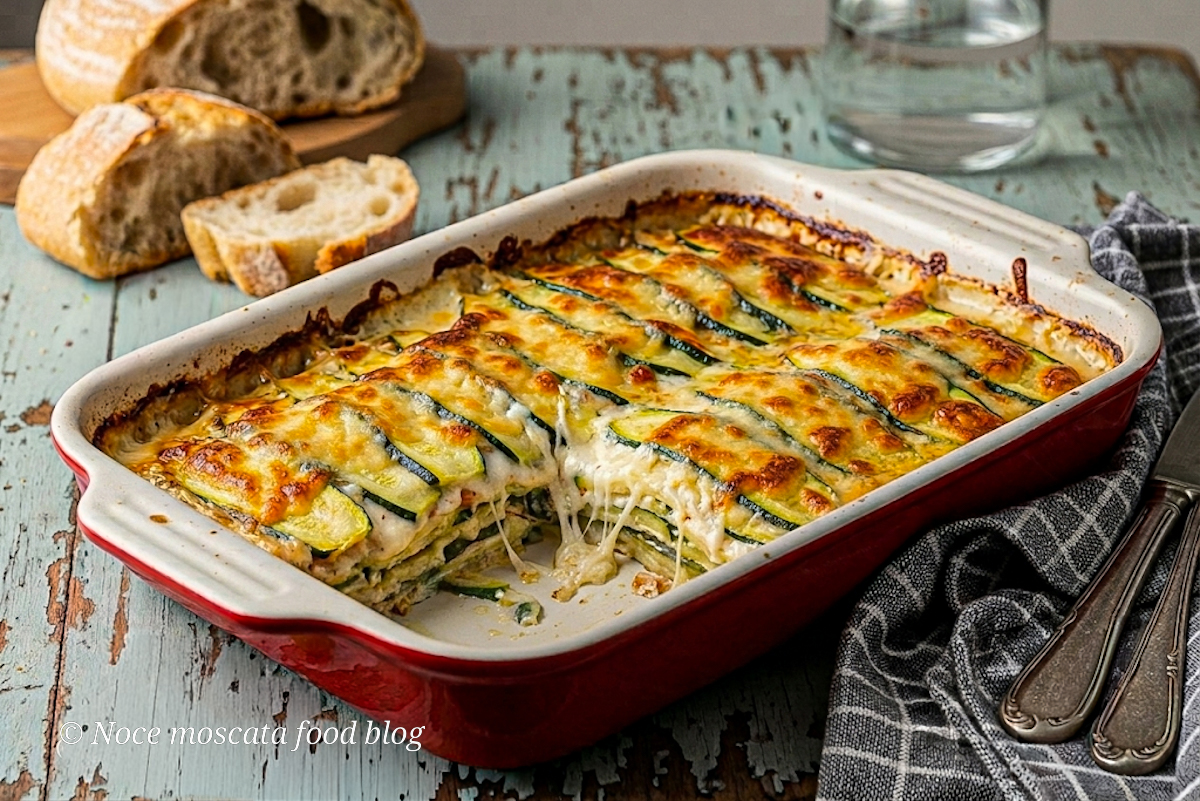 Parmigiana di zucchine bianca senza besciamella in teglia di ceramica con formaggio filante e superficie dorata