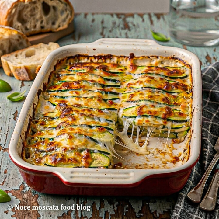 Dettaglio della parmigiana di zucchine bianca con formaggio fuso filante e zucchine a strati.