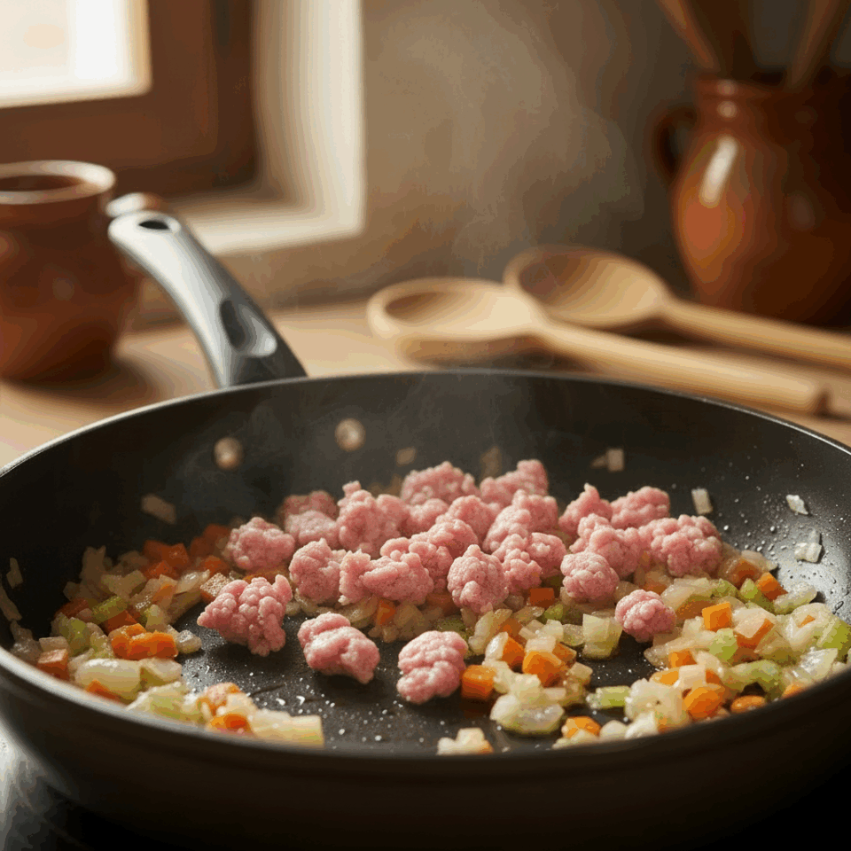 Padella con olio, cipolla, carote, acciughe e carne macinata di maiale