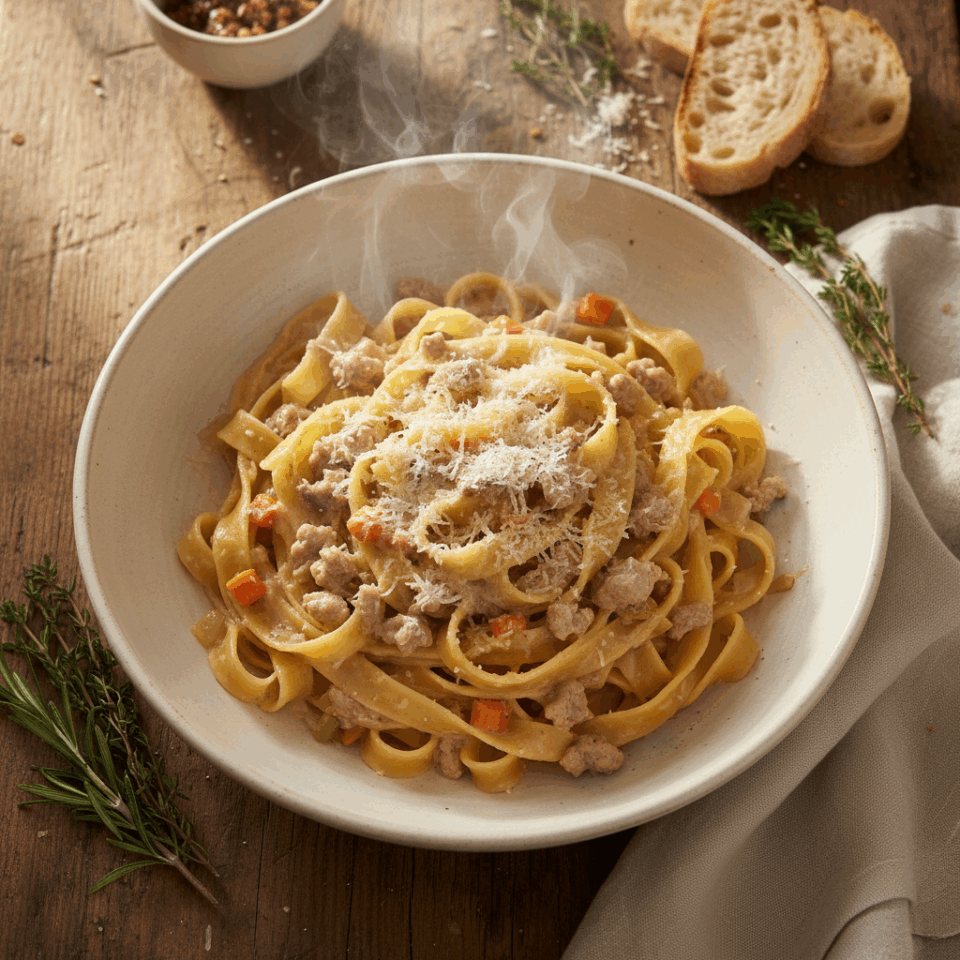 Piatto con pappardelle al ragù bianco di maiale con acciughe e latte