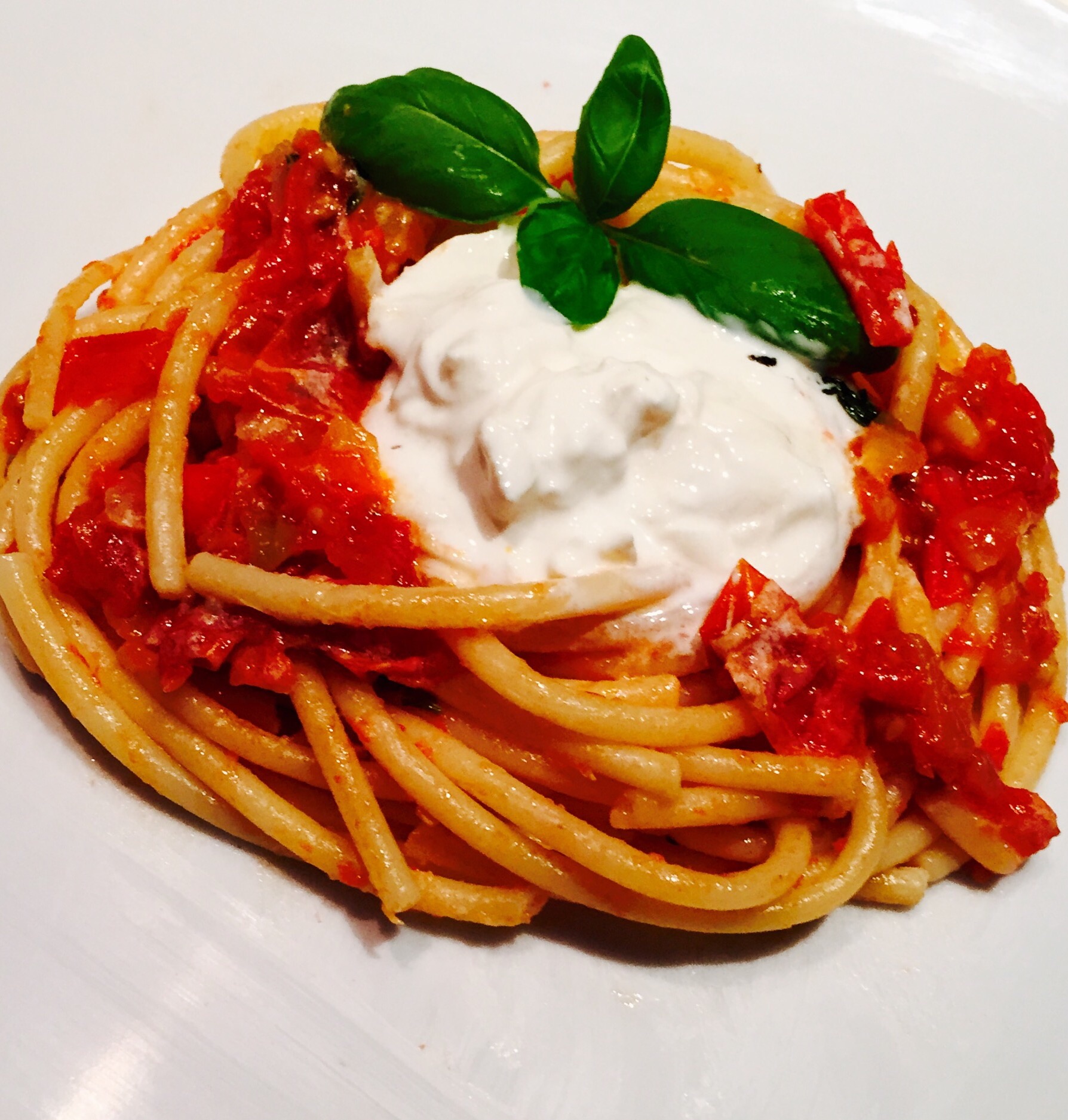 spaghetti pomodoro burrata e basilico -Tomato sauce, burrata cheese and ...