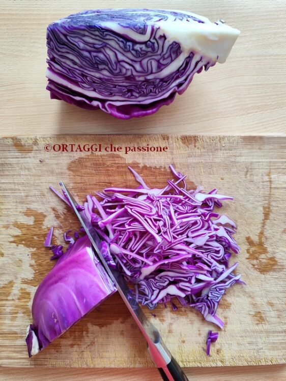 tagliare a listarelle sottili il cavolo rosso - verza rossa