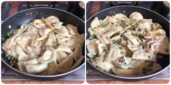 Ravioli al prosciutto e piselli - step finale