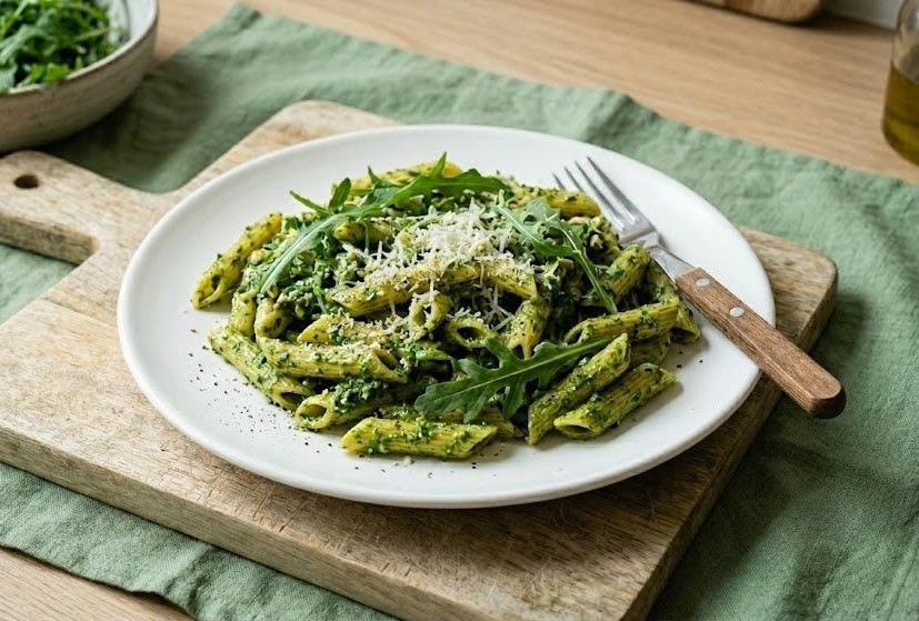 Penne al Pesto di Rucola: il primo salva-cena pronto in 10 minuti. Un'idea dell'ultimo minuto che sia fresca, leggera e ricca di sapore.