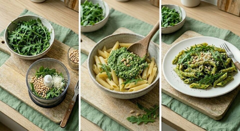 Penne al Pesto di Rucola: il primo salva-cena pronto in 10 minuti. Un'idea dell'ultimo minuto che sia fresca, leggera e ricca di sapore.