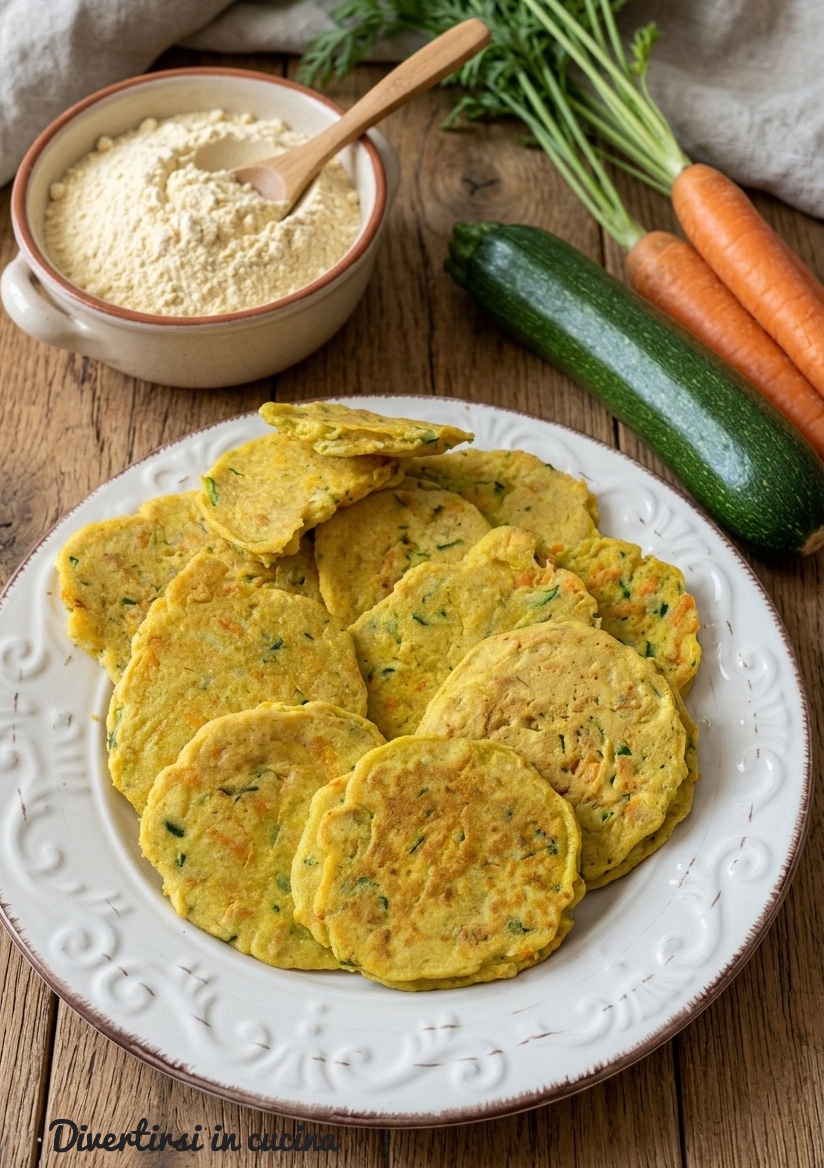 Piatto di frittelline gialle di farina di ceci con zucchine e carote grattugiate, accanto a ingredienti freschi su un tavolo di legno.