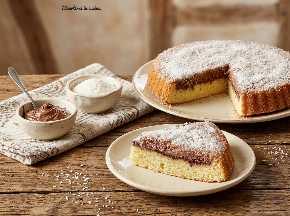 Fetta di crostata morbida al cocco e Nutella su un piatto, con la torta intera sullo sfondo e ciotole di panna e cioccolato su un tavolo di legno.