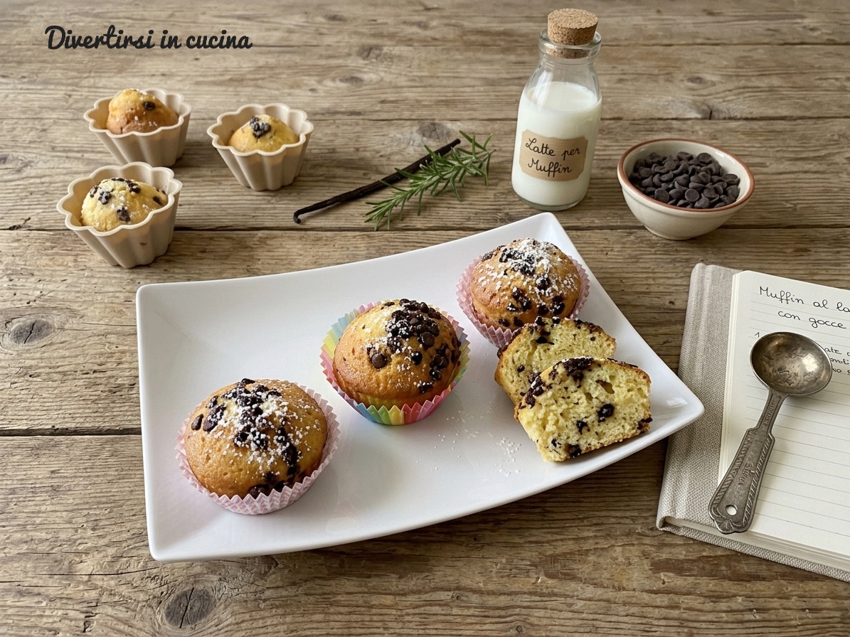 Muffin soffici con gocce di cioccolato e zucchero a velo su un piatto bianco, posizionato su un tavolo in legno rustico accanto a ingredienti e un ricettario aperto