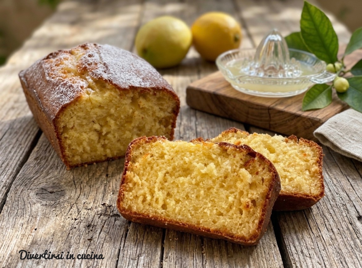 Fetta di plumcake allo yogurt e limone su un piatto con limoni interi sullo sfondo