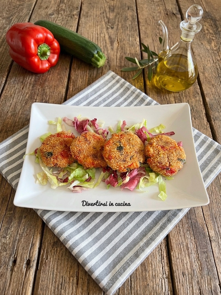Quattro polpette di verdure e zucchine dorate su un piatto rettangolare con insalata mista e un canovaccio a righe su un tavolo di legno, con peperoni e una bottiglia d'olio sullo sfondo