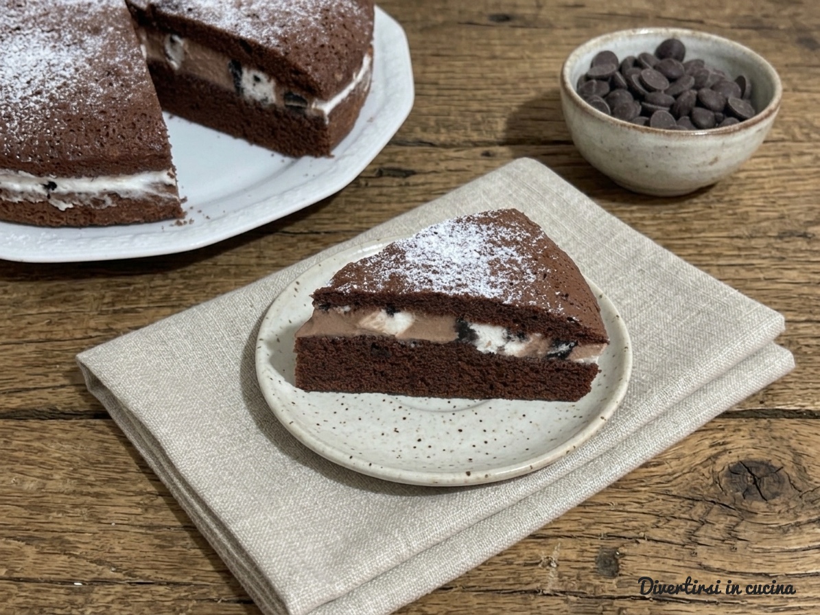 Una foto che mostra una torta al cioccolato a strati con una fetta presentata su un piatto separato