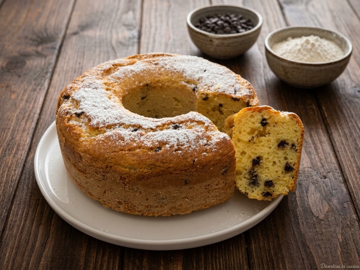 Ciambella soffice alla ricotta e gocce di cioccolato spolverizzata con zucchero a velo con una fetta tagliata su un tavolo di legno.