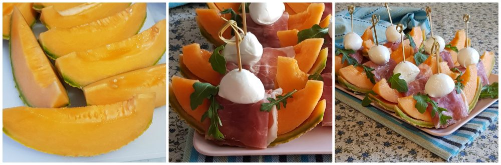 barchette di melone con crudo e mozzarella