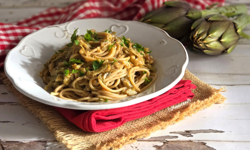 spaghetti con carciofi e baccalà