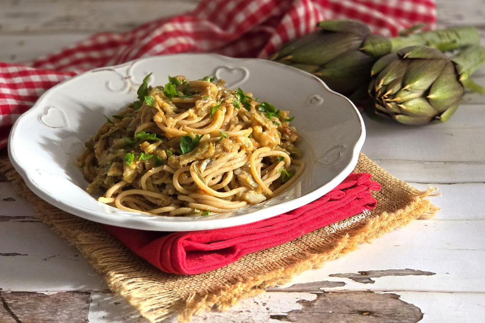 spaghetti con carciofi e baccalà