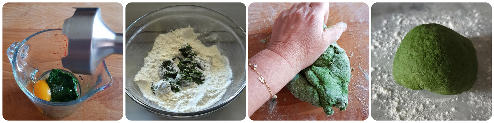 preparazione impasto verde per i taglierini paglia e fieno al sugo di funghi