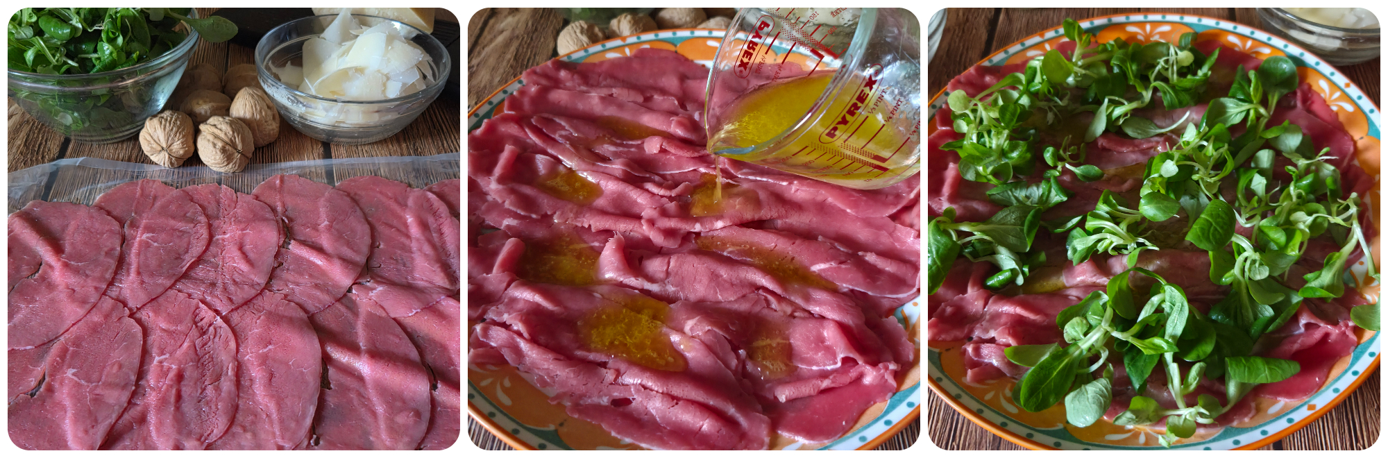 carpaccio di carne con songino grana e noci
