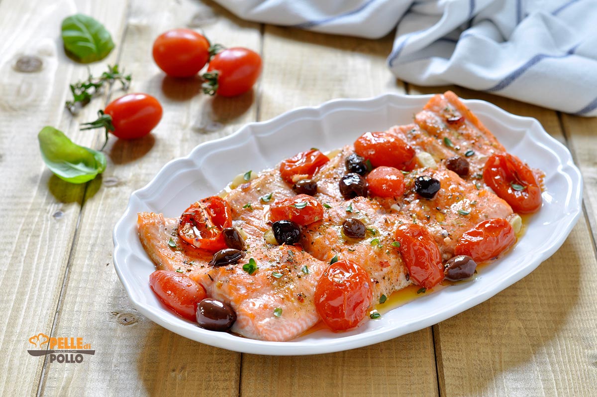 trota salmonata con pomodorini e olive