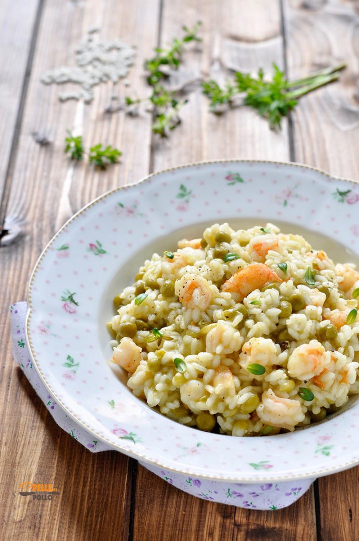 Risotto con gamberi e piselli semplice e cremoso Pelle di Pollo