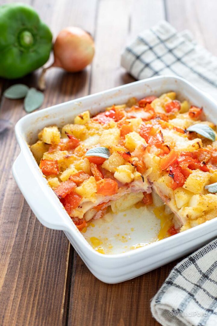 tortino di peperoni e patate con prosciutto e provola