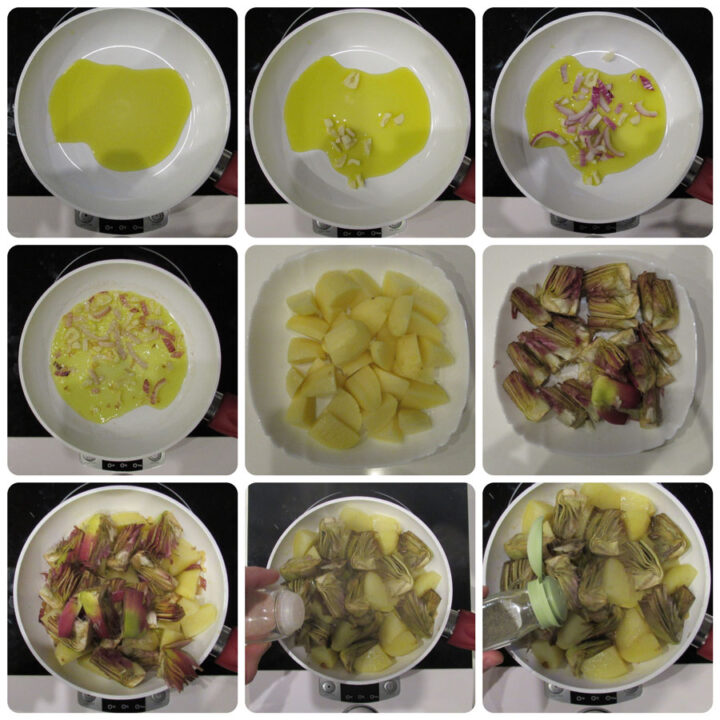 preparazione carciofi e patate in padella