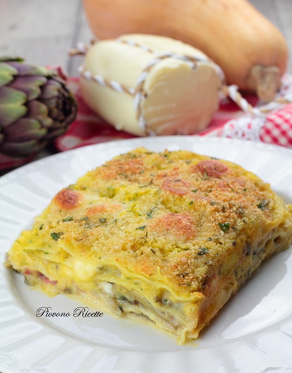Lasagne ai carciofi con crema di zucca e pancetta Piovono Ricette