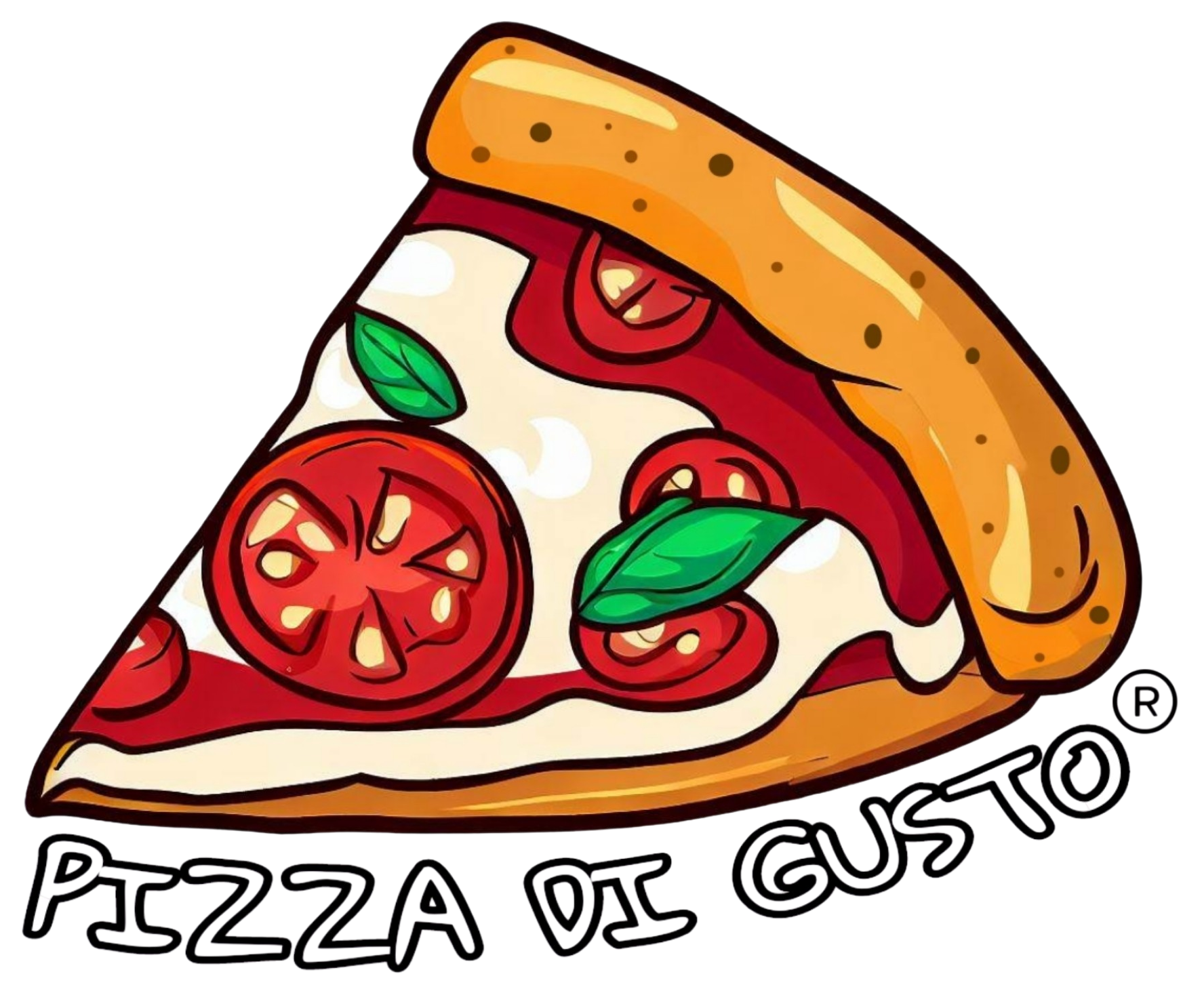 Logo del blog Pizza di Gusto, con una fetta di pizza illustrata e il marchio registrato. Pomodori, basilico e cornicione dorato rappresentano la tradizione della pizza fatta in casa
