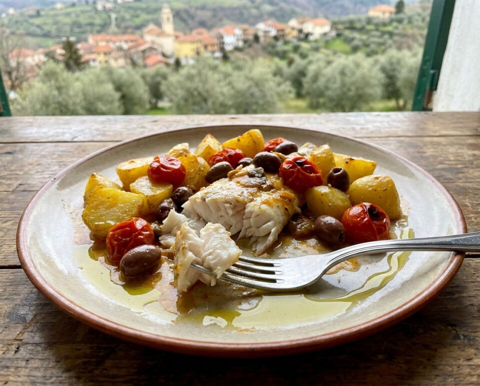 Pescatrice al forno con patate, pomodorini e olive: semplice, leggera e saporita