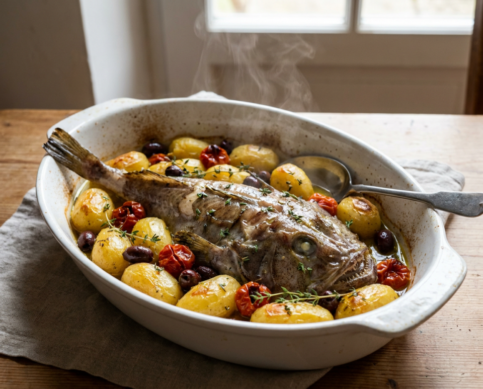 Pescatrice al forno con patate, pomodorini e olive: semplice, leggera e saporita