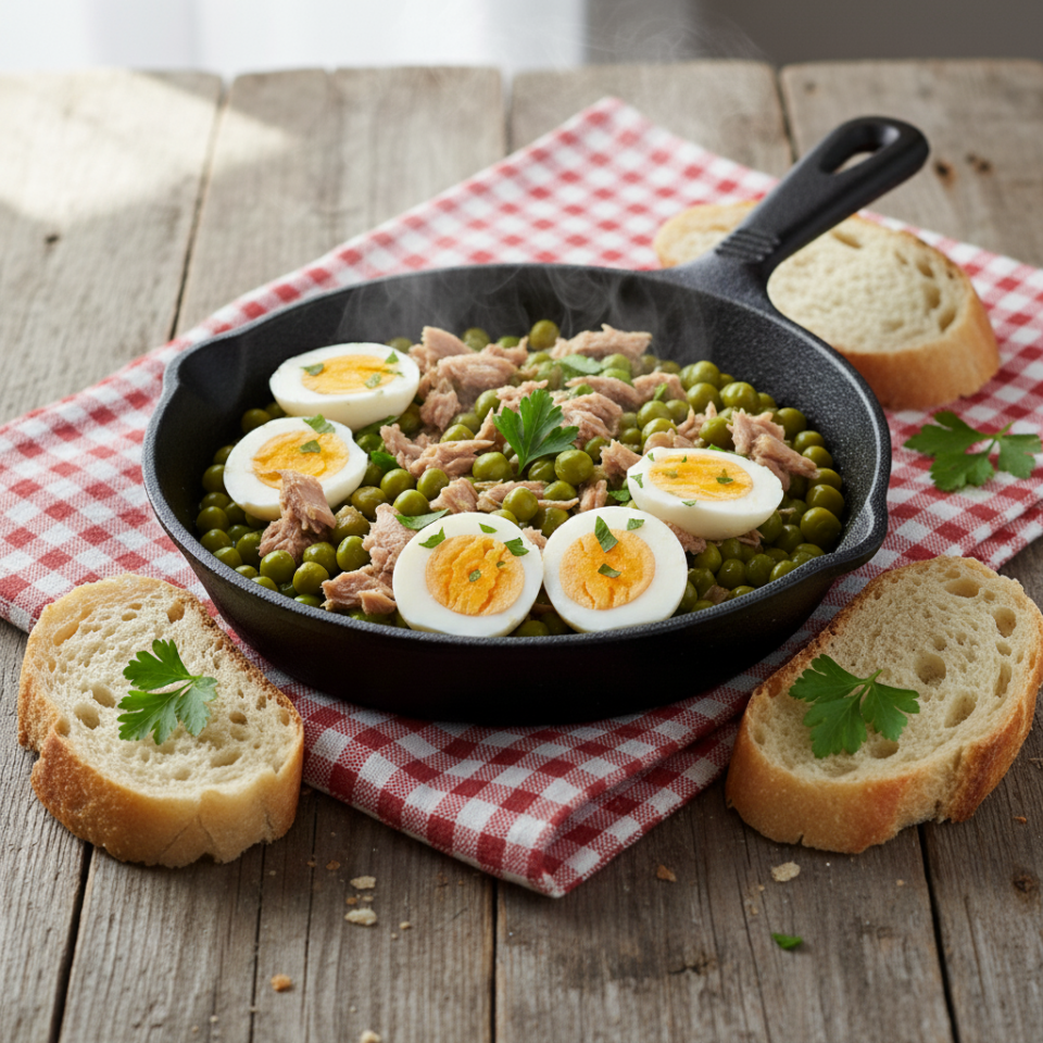 Piselli con tonno e uova sode