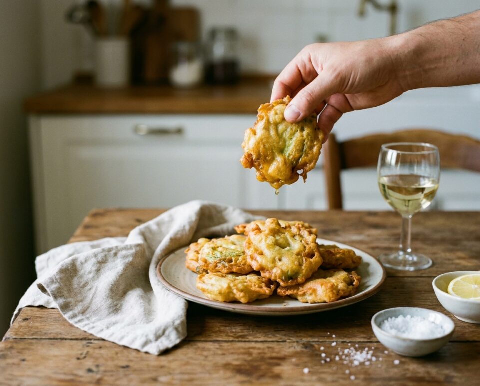 Una frittella sollevata sopra il piatto con:

briciole che cadono
tovagliolo di lino
bicchiere di vino bianco sfocato