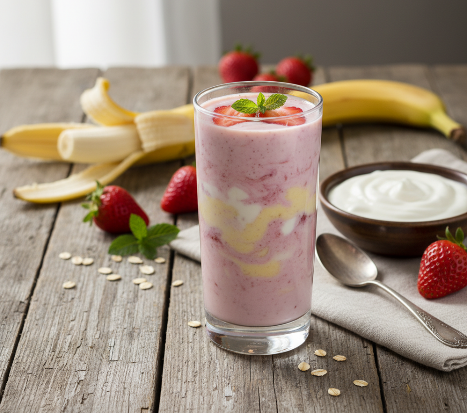 Frullato di yogurt, fragole e banana, ottimo a merenda o colazione