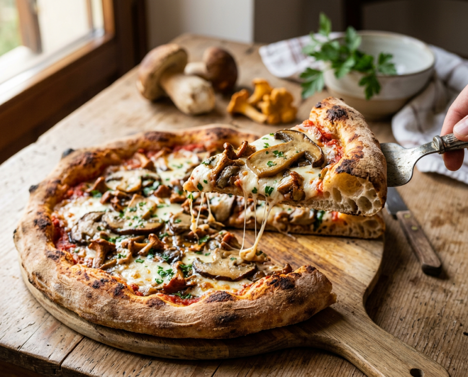 Pizza ai funghi: soffice e saporita con funghi trifolati