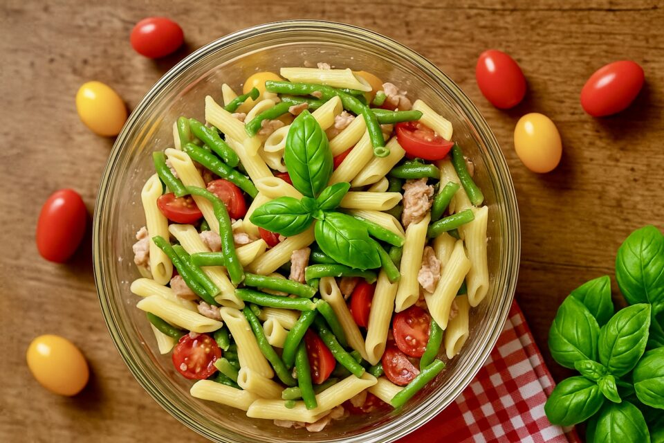 Pasta fredda con fagiolini, tonno e pomodorini – ricetta estiva fresca da preparare al volo