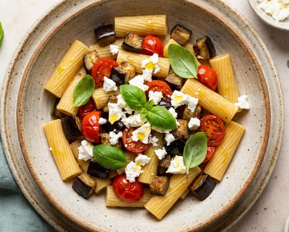 Pasta fredda con melanzane, pomodorini e primo sale