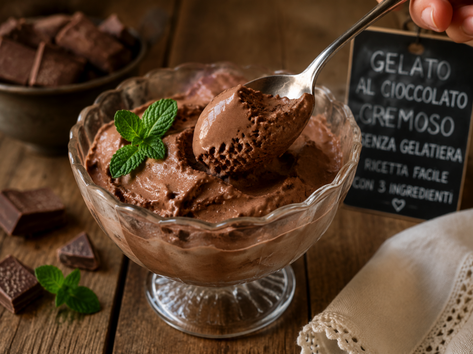 Gelato al cioccolato cremoso senza gelatiera, ricetta facile con 3 ingredienti