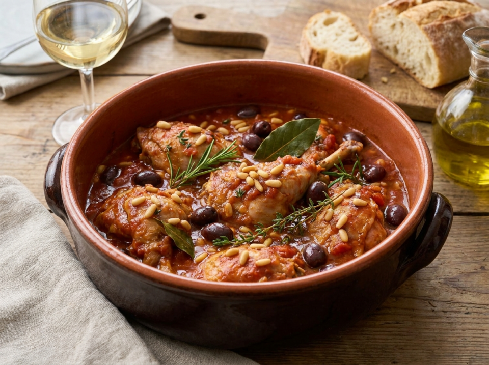 Pollo alla cacciatora alla ligure, saporito con scarpetta obbligatoria