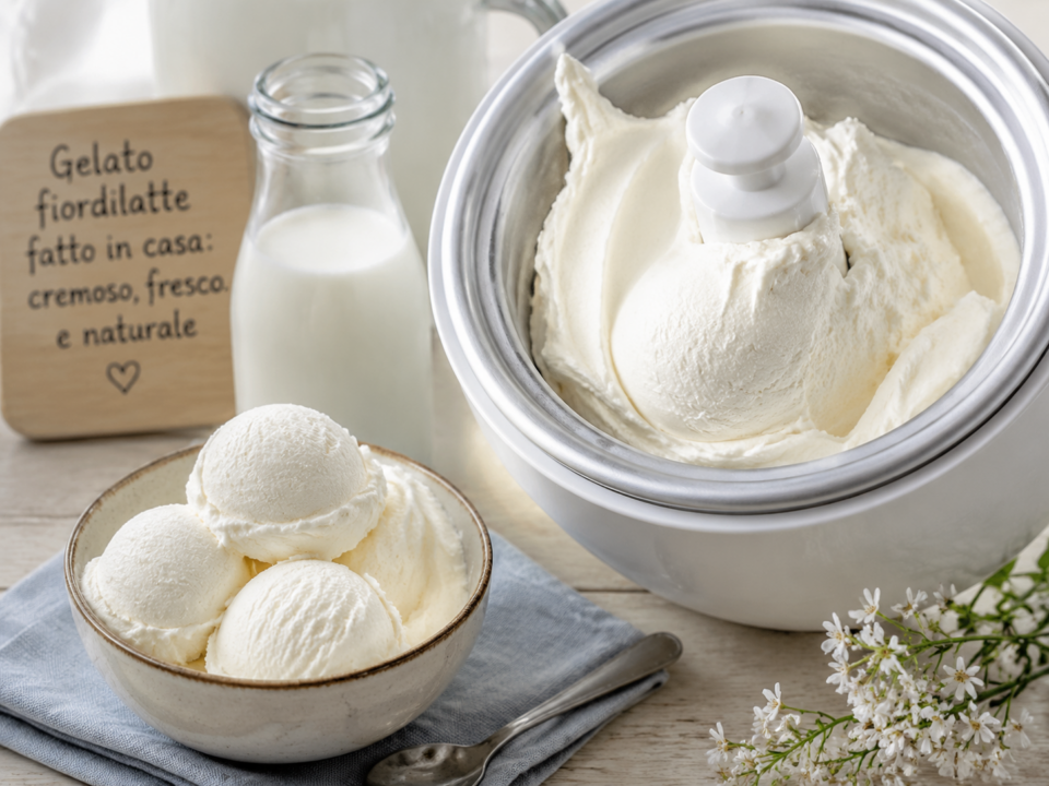Gelato fiordilatte fatto in casa nella gelatiera: cremoso, fresco e naturale