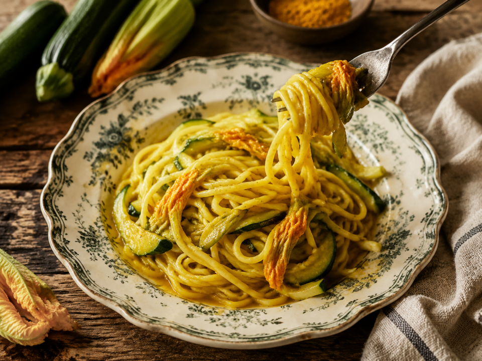 Spaghetti con zucchine e fiori di zucca alla curcuma: il primo piatto estivo leggero e profumato
