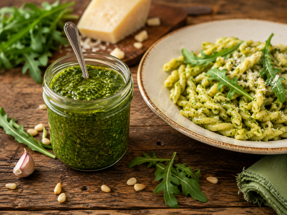 Pesto di rucola, ricetta veloce e sfiziosa con noci e pinoli