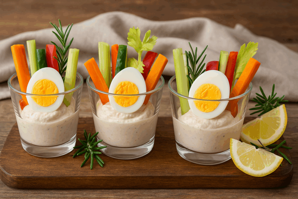 Bicchierini con mousse di tonno, uova sode e verdure crude
