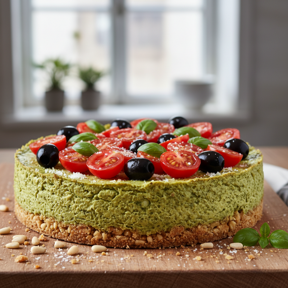 Cheesecake salata al pesto, fresca, colorata e senza cottura