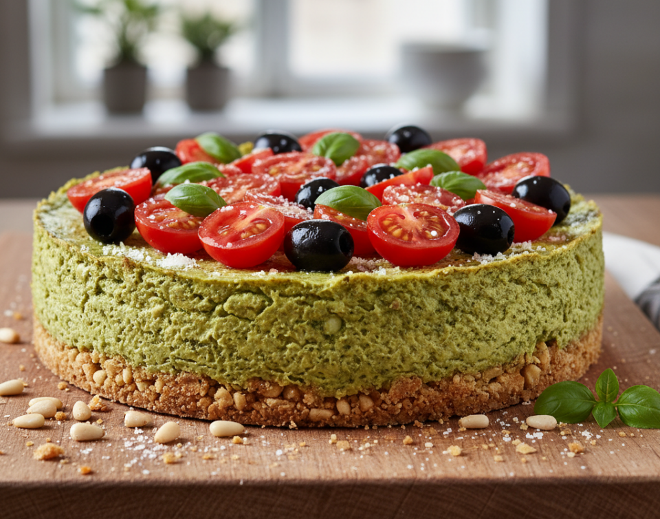 Cheesecake salata al pesto, fresca, colorata e senza cottura