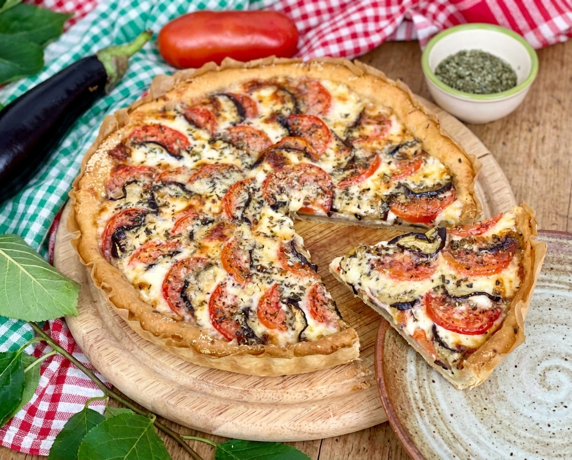 Torta salata con pomodori, melanzane e crescenza: ricetta colorata di stagione