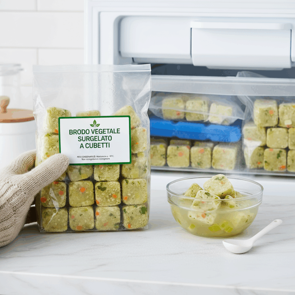 	•	In freezer: fino a 3 mesi, in contenitori monoporzione o in cubetti di brodo concentrato (comodissimi per insaporire verdure, sughi e risotti al volo).

🎯 Consiglio furbo: fai una versione più concentrata (meno acqua e più verdure) da versare negli stampi da ghiaccio → una volta congelati, estraili e conserva i cubetti in un sacchetto alimentare.